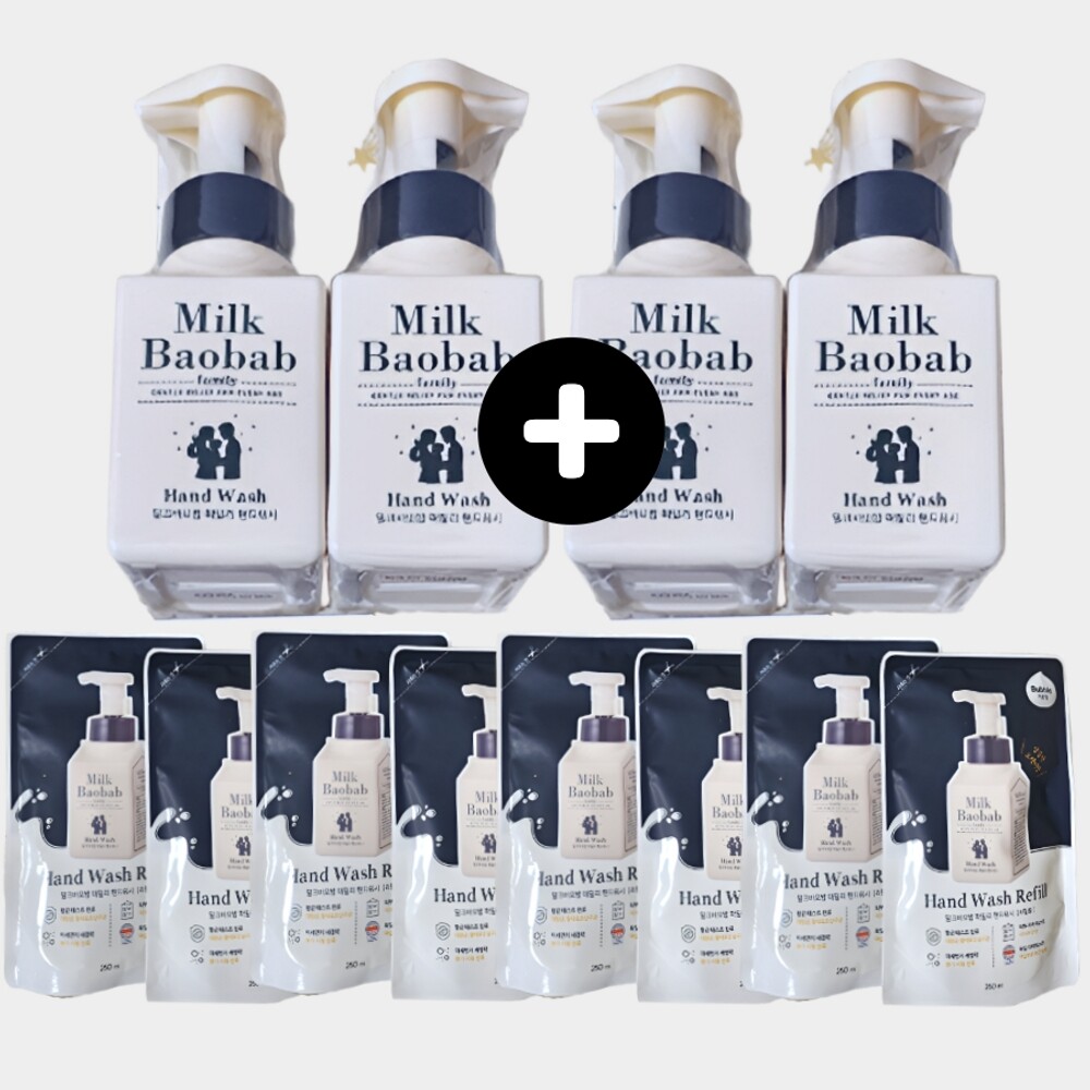 [오늘출발] 밀크바오밥 패밀리 핸드워시 본품 300ml 4개+리필250ml 8개 1세트