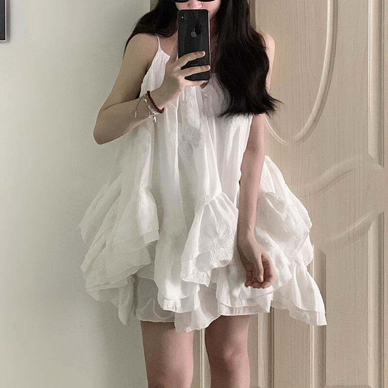 화이트 미니원피스 민소매 자수 이너웨어 레이스 레이어드 펀칭 캉캉 리본 흰원피스 휴양지 제주도