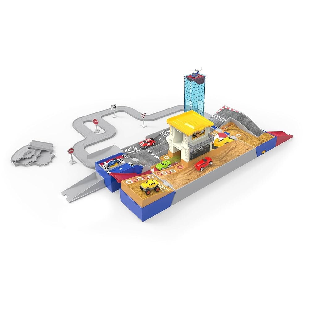 [오늘출발]Battat이 운전하는 84피스 접이식 경마장 플레이셋 6대의 미니 자동차 포함 - 경주용 자동차 몬스터 트럭