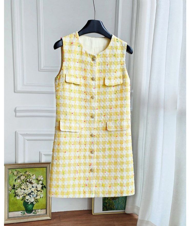 고급 홍콩 수입보세의류 여성 명품스타일 옐로우 디자인 민소매 나시 트위드원피스