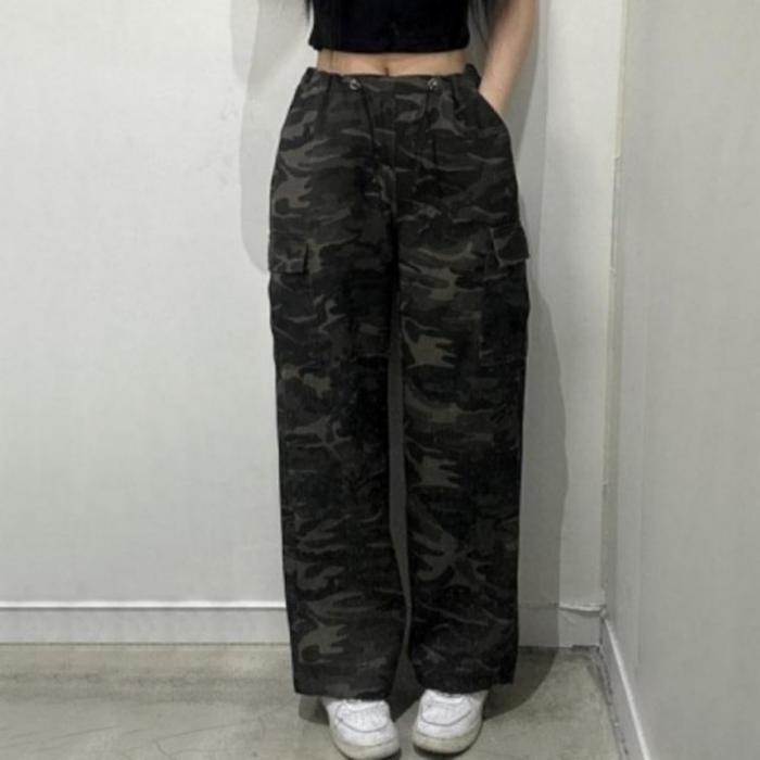 로우라이즈 와이드 바지 스트링 팬츠 밀리터리 (43ybq)