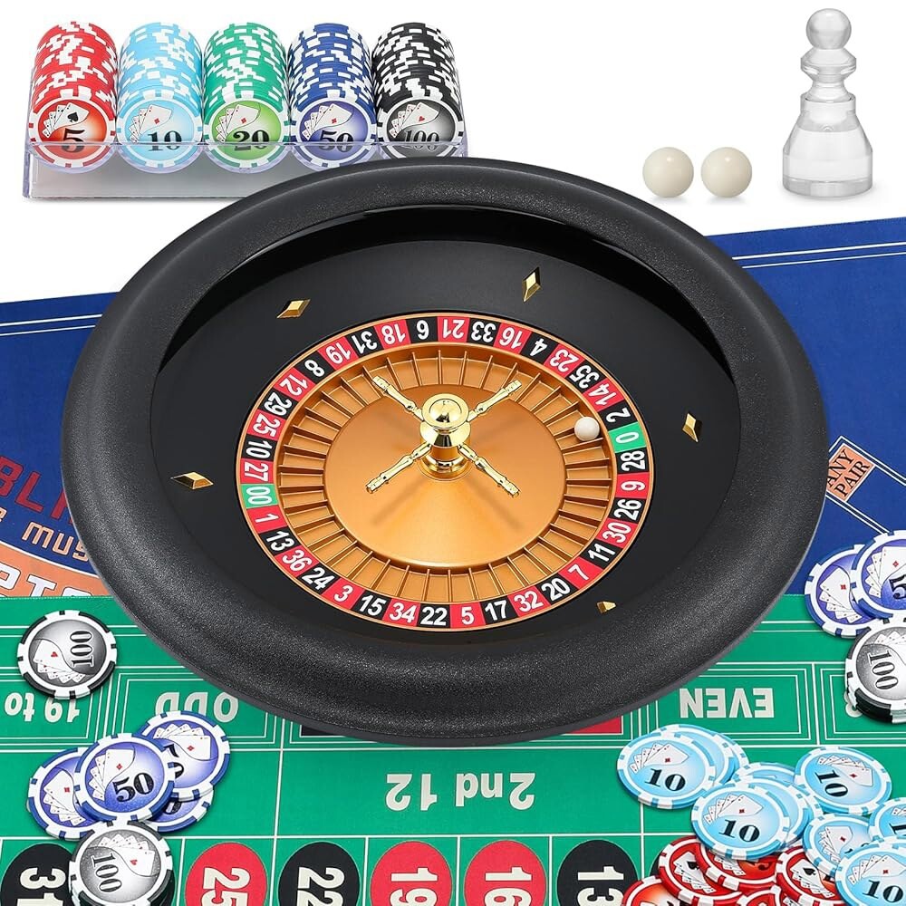 [오늘출발] 프로샤인 18인치 ABS 룰렛 휠 세트 47.2  23.6인치 양면 테이블보 100개 포커 칩 윈 마커 듀얼 볼 카지노
