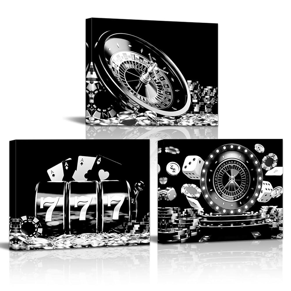 [오늘출발]룰렛 휠 칩 다이싱 슬롯 머신 캔버스 월 아트 흑백 카지노 및 코인 포스터 가정용 거실 침실 벽 장식용