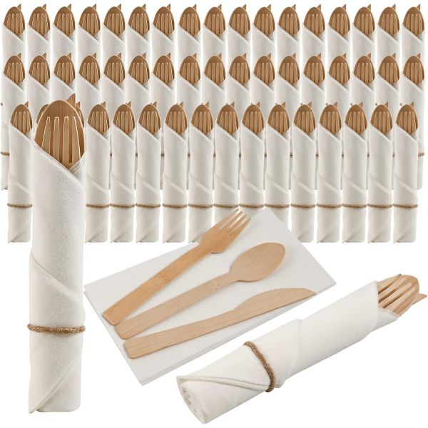 일회용 숟가락 커트러리 프리롤 냅킨 및 대나무 수저 세트 200팩 식기비료 수저포크 200개 나이프 파티 연