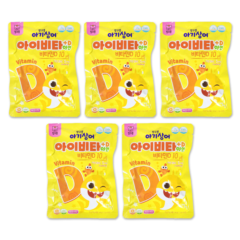 [오늘출발] 핑크퐁 핑크퐁 아기상어 아이비타D 아연 복숭아맛 40정 x 5봉 어린이 간식 어린이집 보건소 약국 병원 사탕 캔디