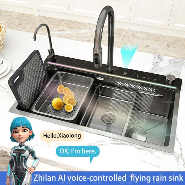 AI 음성 제어 스테인레스 스틸 폭포 주방 싱크 디지털 디스플레이 대형 단일 슬롯 다기능 식기 세척 싱크