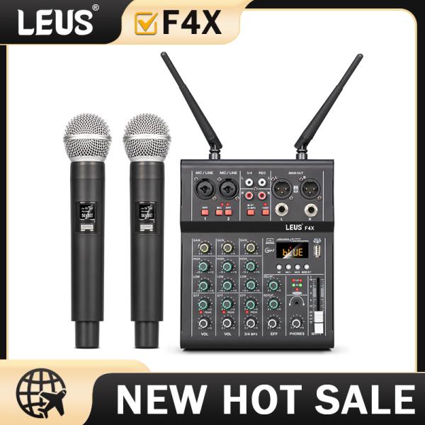 LEUS F4X 오디오 4 채널 사운드 믹서 듀얼 UHF 무선 마이크 DJ 믹싱 가라오케 파티 컴퓨터 스튜디오 녹음
