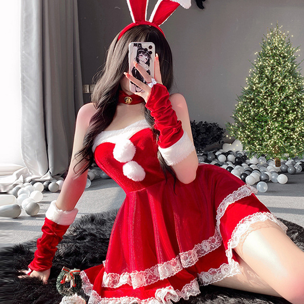 특가엘쏘 크리스마스 코스튬 폼폼 플레어 산타걸 머리띠 + 원피스 + 투명 숄더끈 + 팔토시 2p 세트
