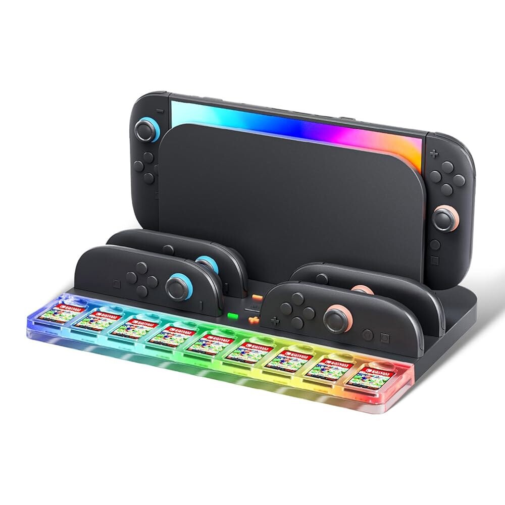 [오늘출발]테리오스 스위치2 충전 도크 2025 RGB LED 조명이 있는 닌텐도 조이콘 충전소 9개의 게임 카드 슬롯이 컨트