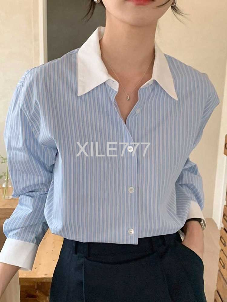 [해외] XILE777셔츠 봄 클래식 배색 오버핏 여성 카라 코발트블루 여성스트라이프셔츠 블라우스 화이트셔츠