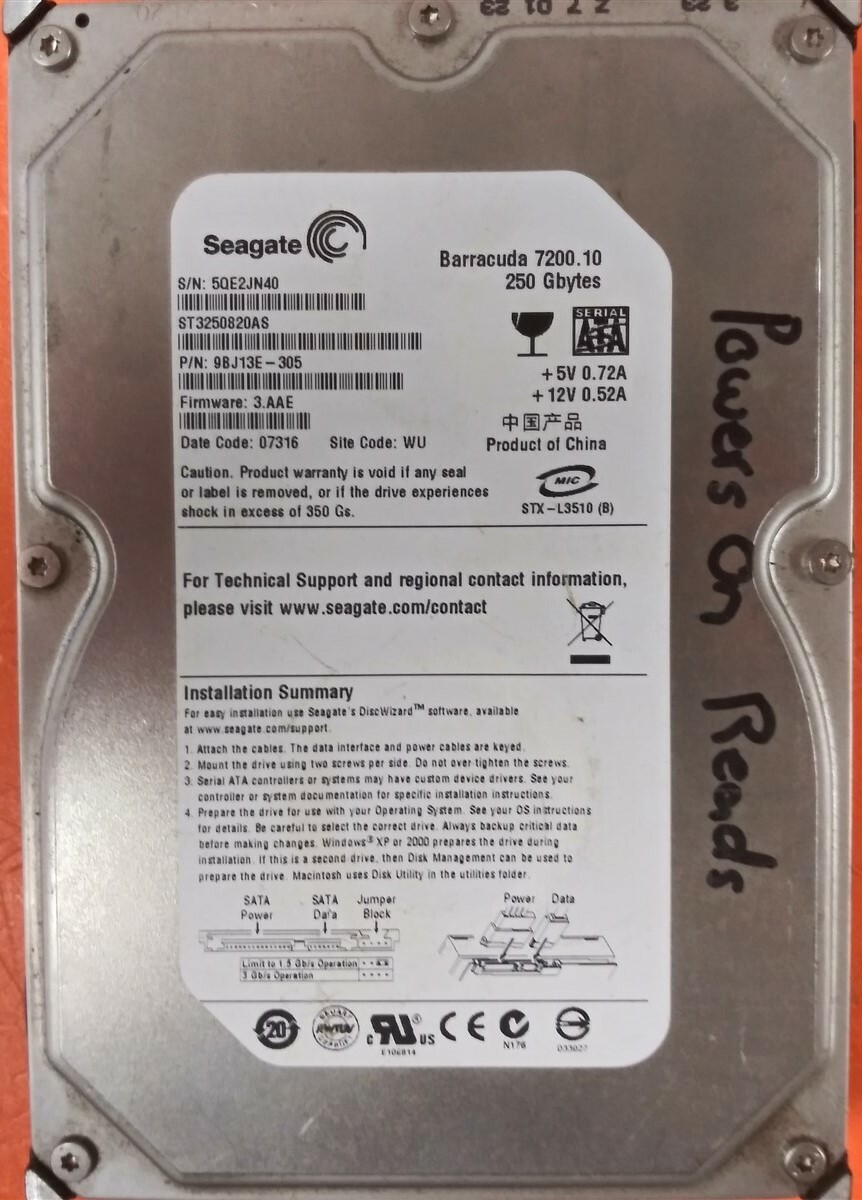 ?????????? HDD 하드 드라이브 SATA 데스크탑 3.5 시게이트 ST3250820AS 250GB FW: 3.AAE