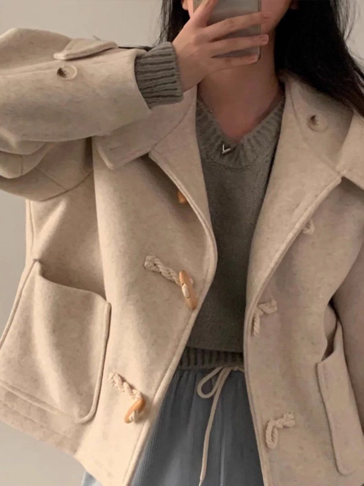 여성 모직 후드 자켓  더플 헤링본 울 혼방  하이넥 크롭 숏 키작녀