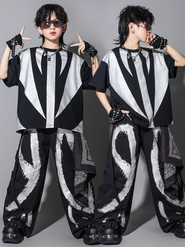 코드루이스 스트리트댄스 아동 힙합 블랙 실버 강렬한 아이옷 방송댄스학원 댄스복 초등 의상