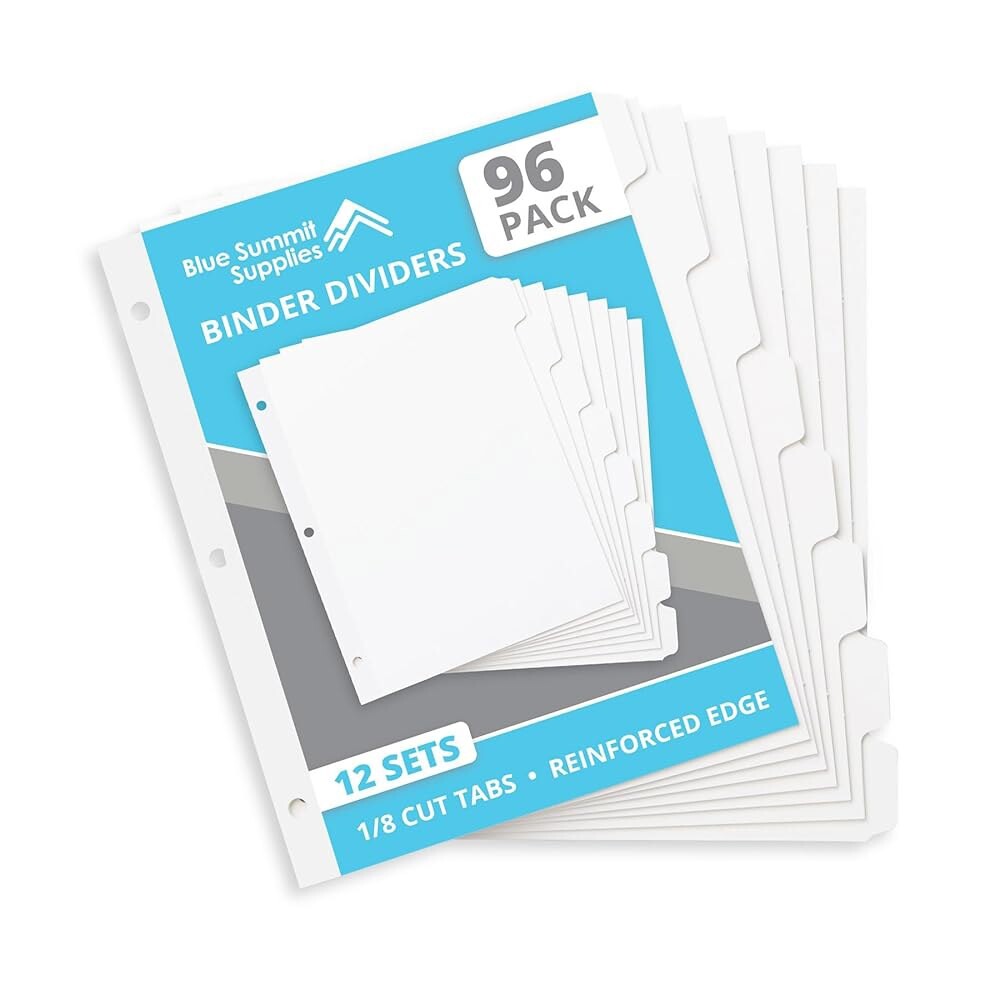 [오늘출발] 탭이 있는 블루 서밋 3 링 바인더 분할기 강화 모서리 1/8 컷 글자 크기 벌크 흰색 12 세트 96 팩용 8 탭