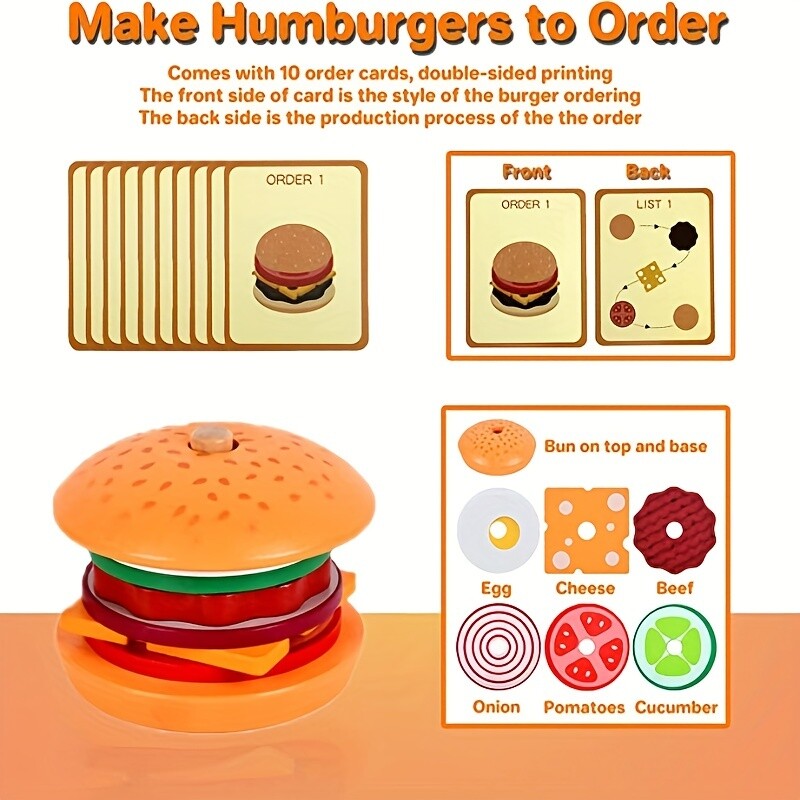 이상을 위한 목제 햄버거 스태킹 장난감 햄버거 음식과 주문 카드를 사용하는 미세 모터 스킬 게임