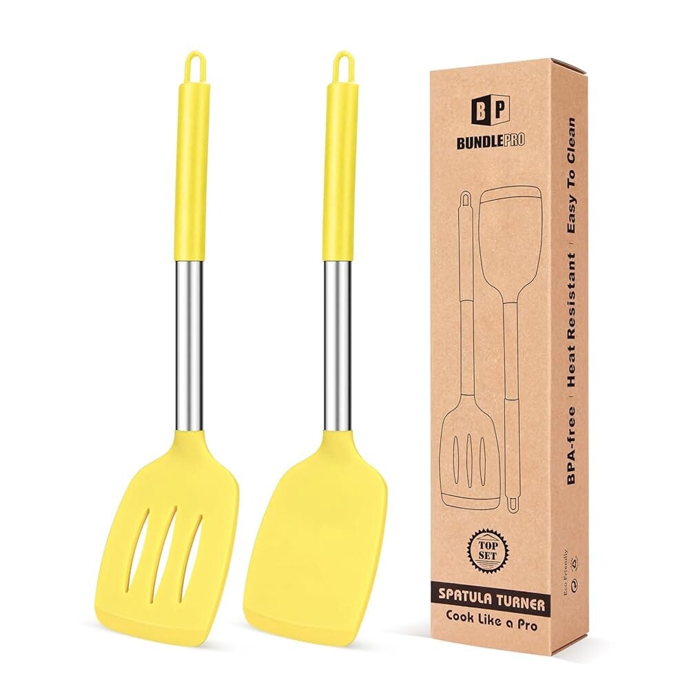[오늘출발] 실리콘 솔리드 터너 2팩 논스틱 슬롯 주방 주걱 내열성 BPA 프리 조리 도구 생선 계란 팬케이크노란색에
