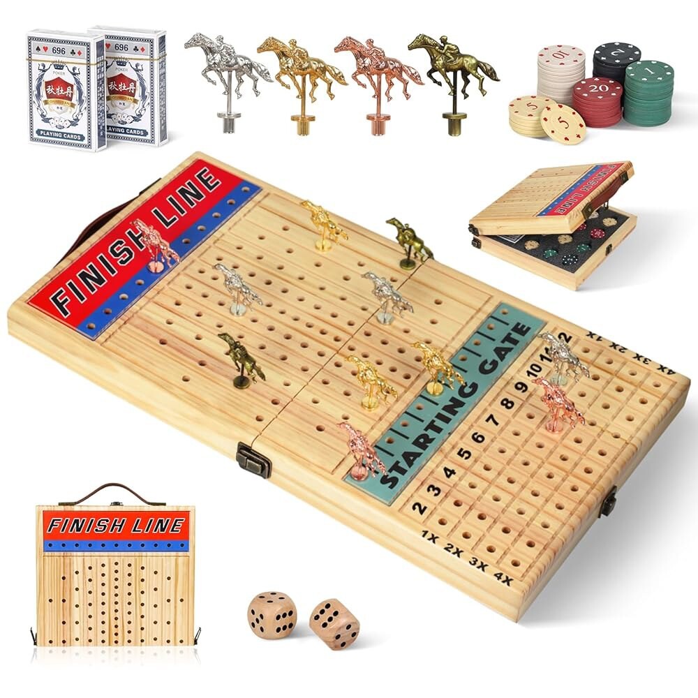 [오늘출발]21인치 경마 게임 11개의 고급 금속 말이 있는 보드 두꺼운 나무 체스판 칩 카드 및 주사위 성인 가족을