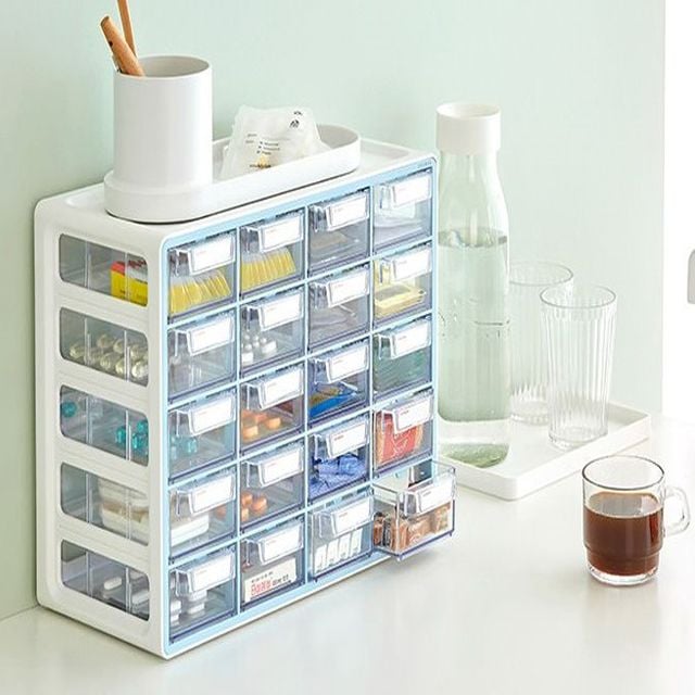 [오늘출발] 멀티소품정리함 1P UP 시스템 멀티박스 소형 20단서랍 통 서랍장 약 투명 플라스틱 네임택