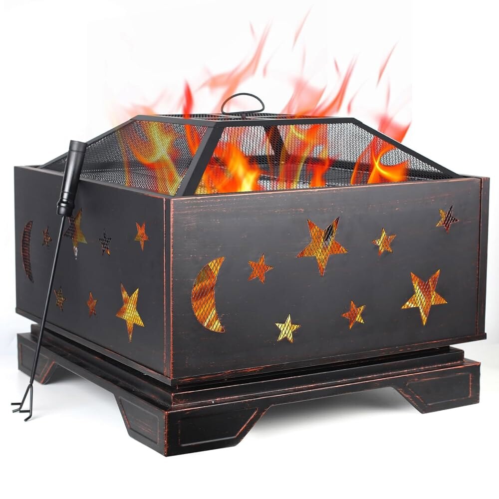 [오늘출발] 파이어 피트 야외 목재 소각 포커가 있는 스퀘어 플레이스 가든 모닥불용 금속 캠핑 바비큐