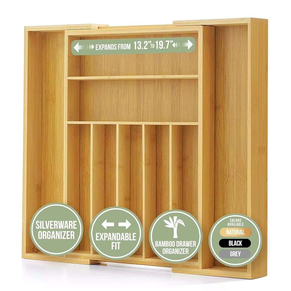 [오늘출발] 푸라우드 대나무 서랍 정리함 - 확장 가능한 실버웨어 식기 정리함 칸막이가 있는 트레이 7-9 슬롯 및 식기