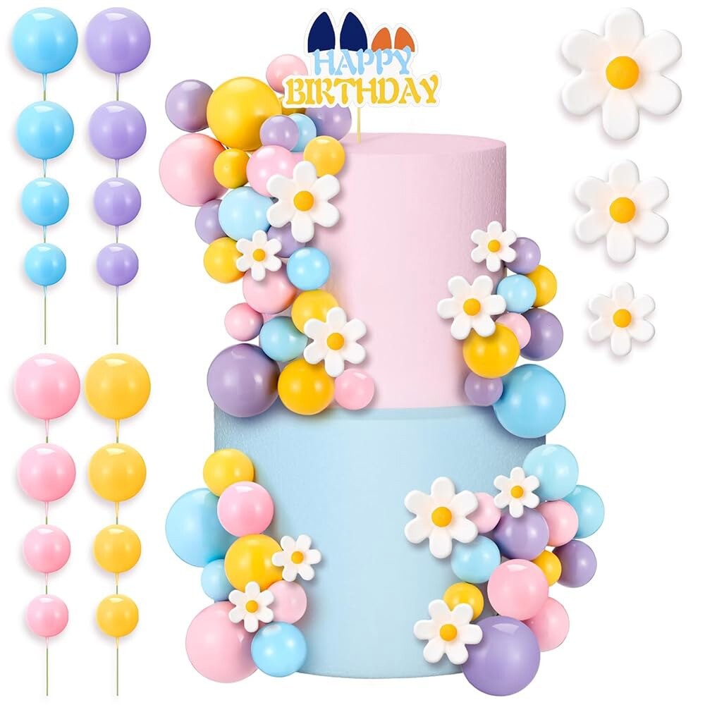 [오늘출발] 생일 장식용 볼 케이크 픽과 데이지 꽃이 있는 쓰리허니 63개 블루 도그 토퍼 그루비 파스