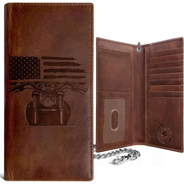MID WEST RANGE 맨즈 체인 애국적인 바이커 키 큰 지갑 10개 카드 슬롯이 스트레스 브라운 가죽 100% 오토