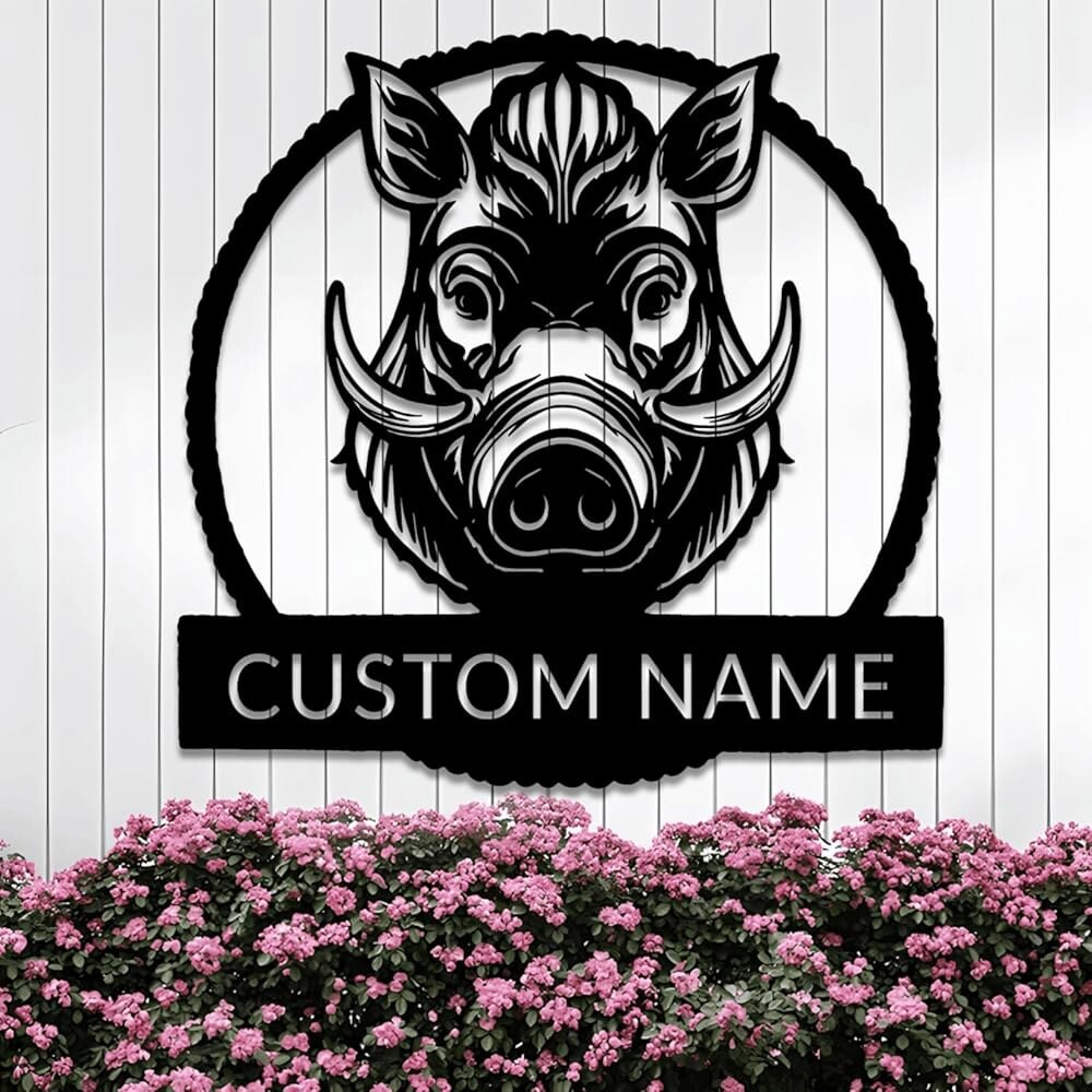 [오늘출발] 개인화된 멧돼지 머리 금속 벽 아트 맞춤 멧돼지 오두막 금속 이름 표지판 Sus Scrofa 가족 벽 장식 주소