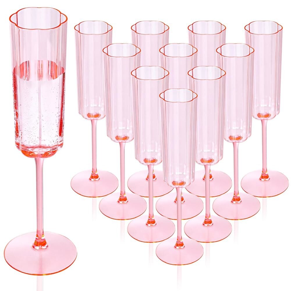 [오늘출발] 유벳 36팩 핑크 샴페인 플루트 플라스틱 - 6온스 플라워 웨이브 샴페인 플라스틱 잔 - 결혼식 파티 생일