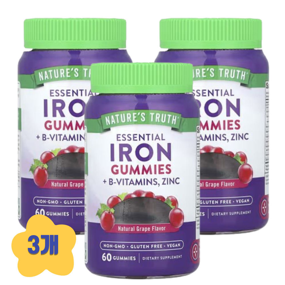 (3개) 네이처스트루스 철분 구미젤리 비타민B 아연 함유 천연포도맛 60개