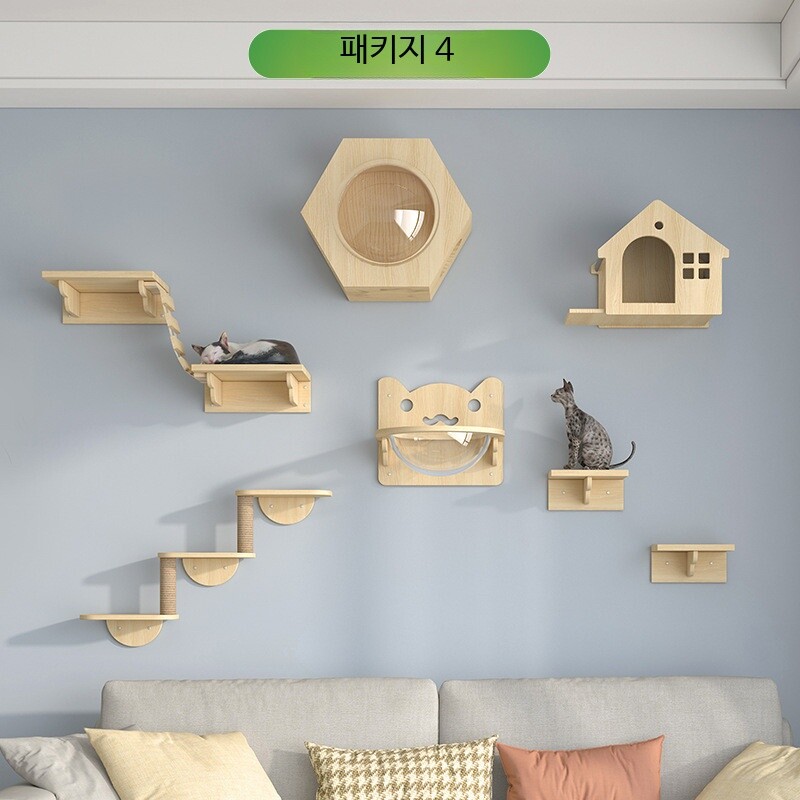 [해외] 고양이 캣타워 원목 벽걸이형 DIY 선반 인테리어 반려묘 놀이터 안전하고 튼튼한 고양이용품 고양이집
