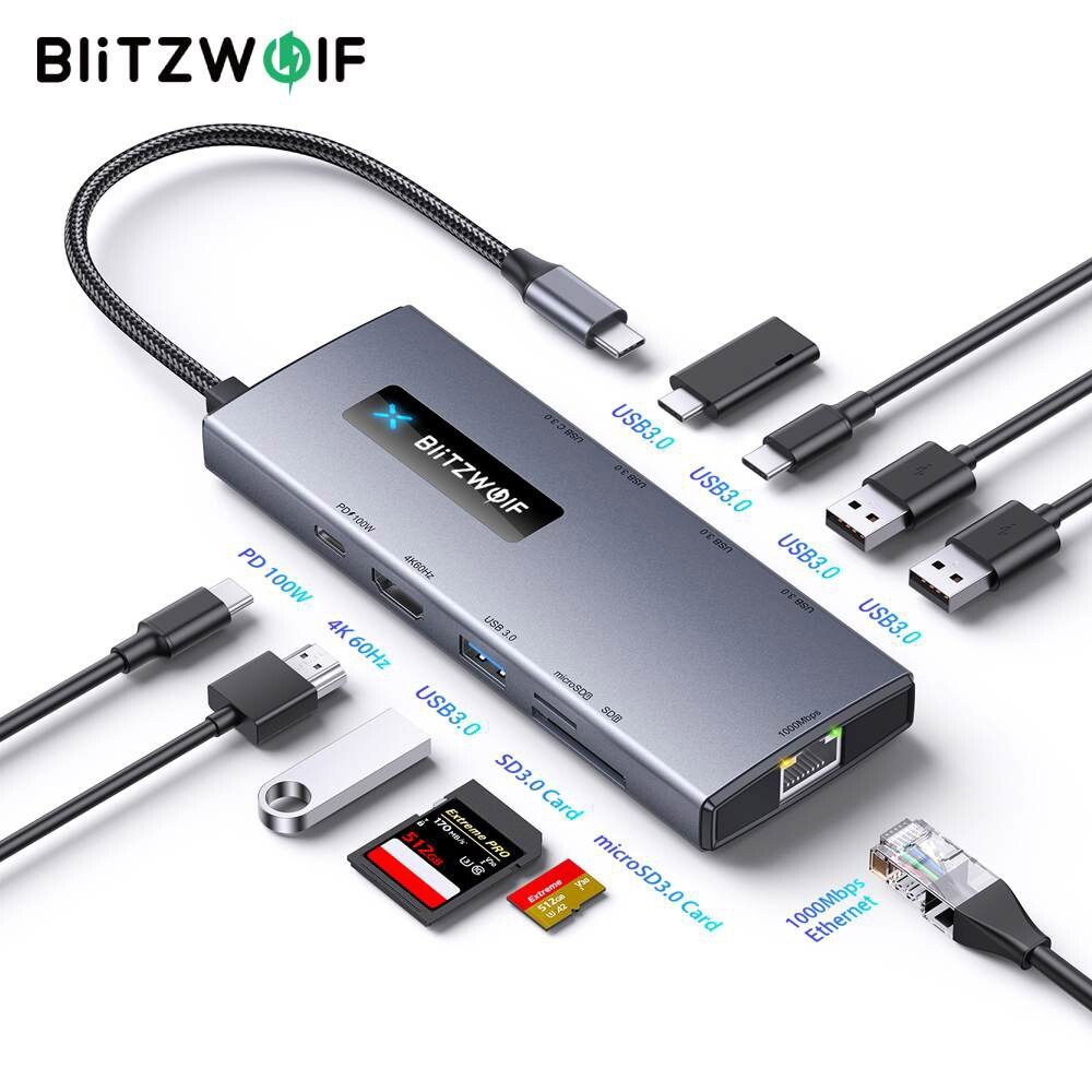 [오늘출발] BlitzWolf BW NEW TH8 10 in 1 공급 60HZ 0 RJ45 PD 4K 허브 및 전력 USB3 100W TF SD 0 C타입 3 카드 슬롯