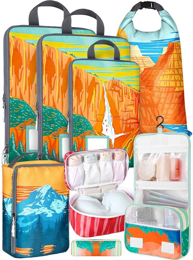 Miss Adola 여행용 수하물 정리함 가방 8세트 압축 패킹 큐브 여행 가방용 귀여운 방수 경량 휴가 필수