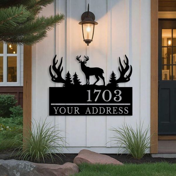 [해외] 맞춤 사슴 금속 주소 표지판 오두막 뿔이 달린 집 번호 걸이 명판 사냥꾼 야외 캠프 벽 예술 스타일D