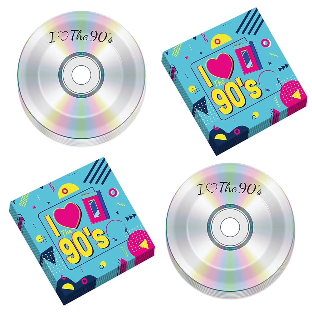 [오늘출발] 50Pc 90 s 파티 종이 접시와 냅킨 90 s 믹스 CD 디저트 접시 레트로 90 s 테마 파티 장식이 마음에 듭니다.