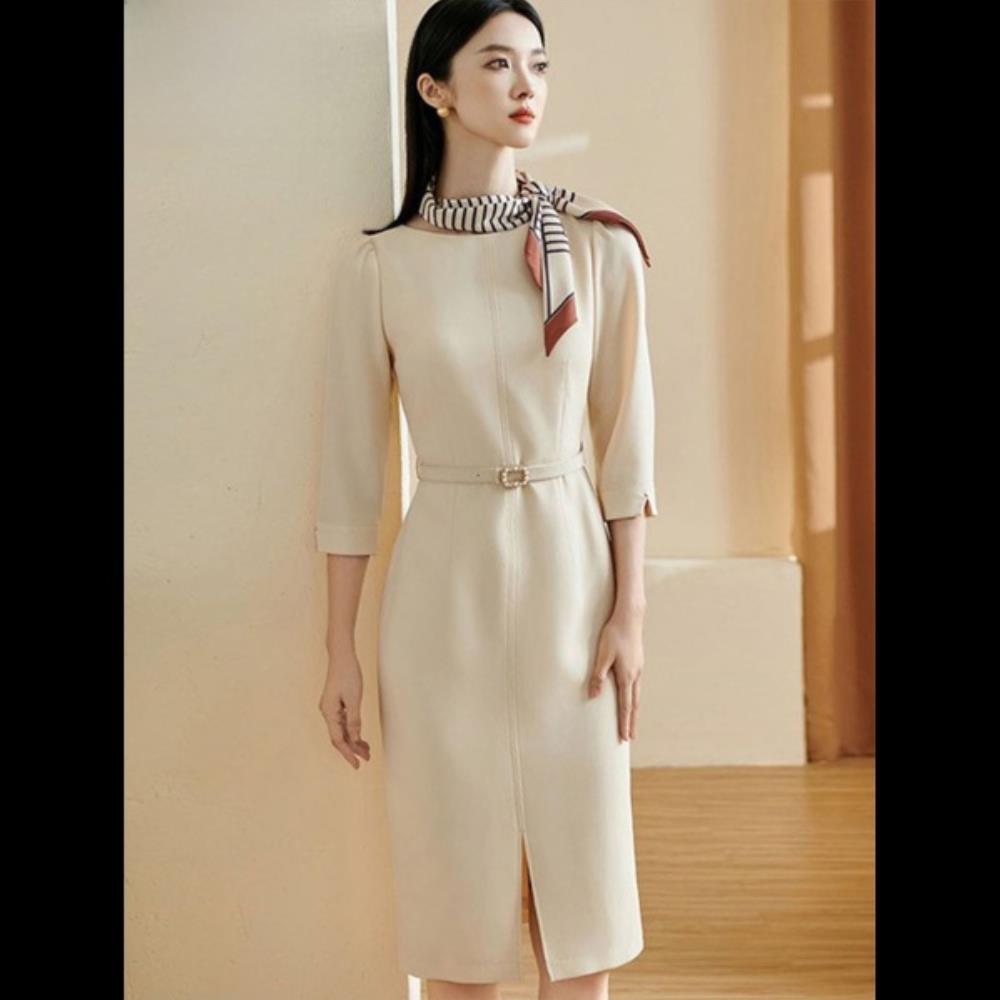 [오늘출발] 우아한 지적인 스타일 벨트 원숄더 미디 드레스 봄 시티워크 H라인 긴팔 폴리에스터 여성 드레스