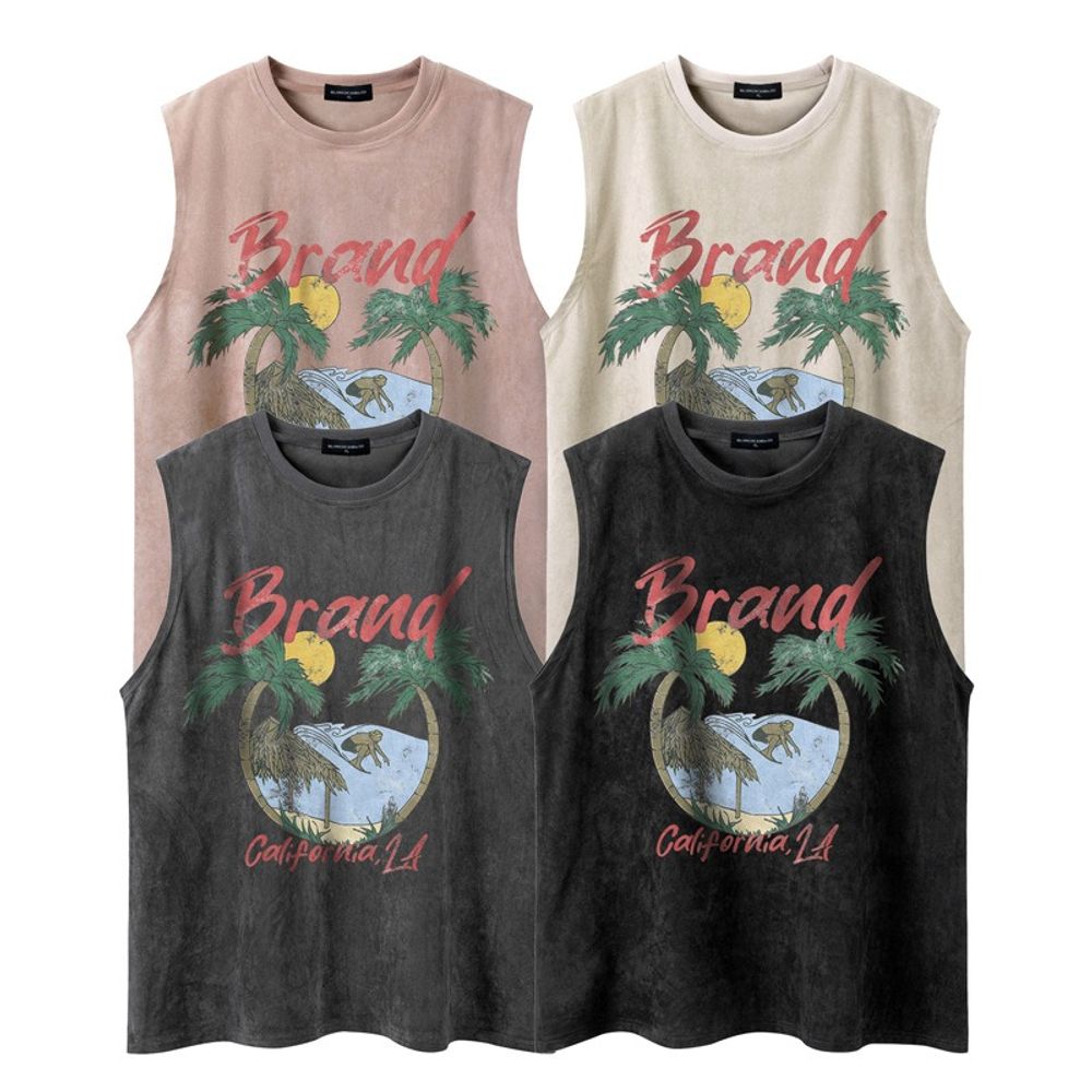 다빈 남성 민소매 빈티지 해변 야 자수 프린트 나시 힙합 루즈핏 캐주얼 티셔츠 OP1