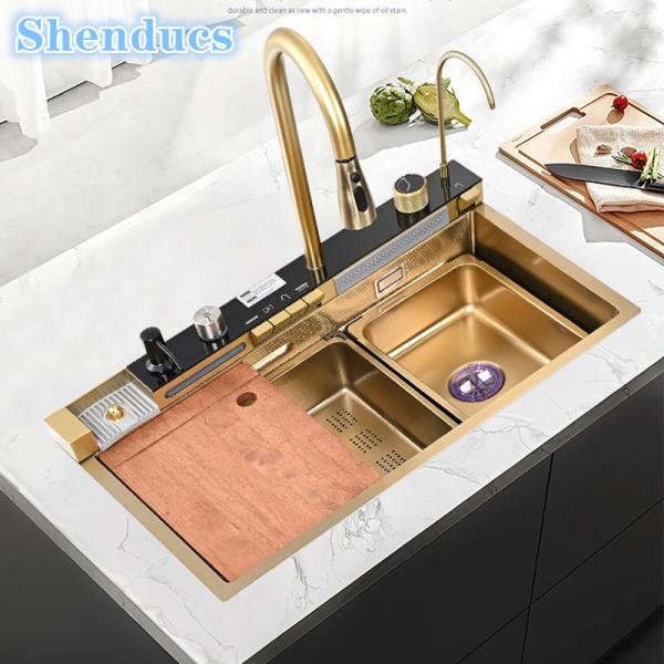 디지털싱크대 한국형싱크대  럭셔리 브러시 골드 주방 싱크 대형 스테인레스 스틸 단일 슬롯 통합 폭포 수