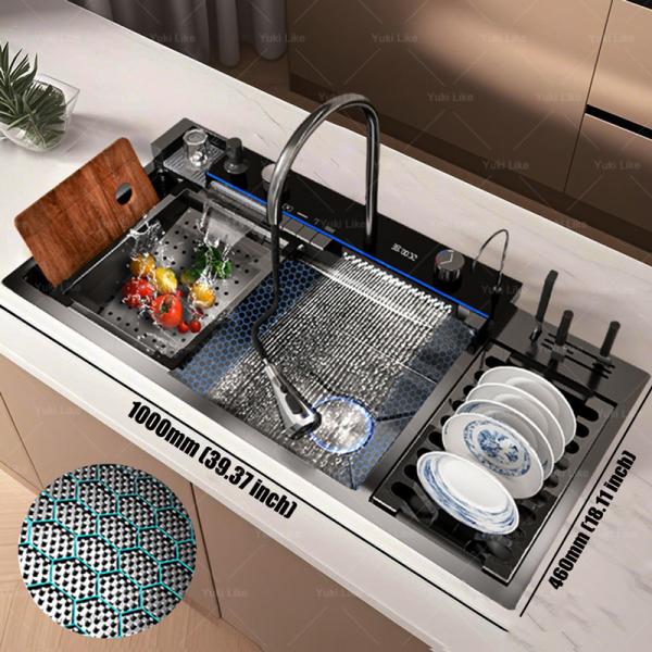 디지털싱크대 한국형싱크대  스테인레스 스틸 폭포 주방 싱크 배수 랙 디스플레이 대형 단일 슬롯 식기 세