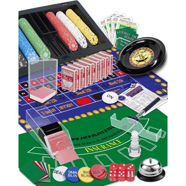 5in1 슈퍼 카지노 게임 세트 블랙잭룰렛크랩스텍사스 홀덤포커 키트 슈+버림판+360칩+8덱 카드+룰렛 휠+펠