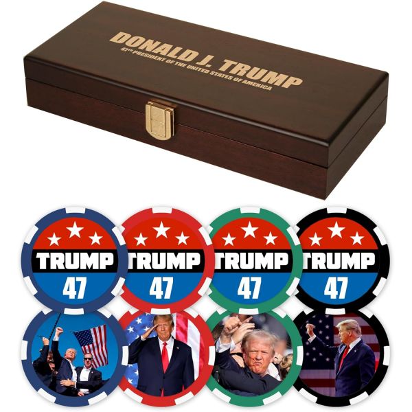 다빈치 도널드 J 트럼프 47 기념 포커 칩 세트 각인 새김 목재 케이스 포함 100개