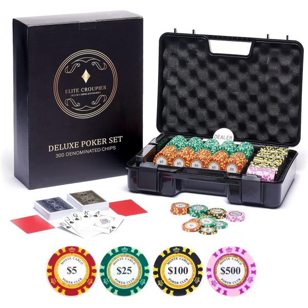 [해외] 디럭스 300 포커 칩 세트 충격 방지 케이스 2톤 몬테카를로 14g 점토 액면가 표시 카지노 100 PVC 카드 커