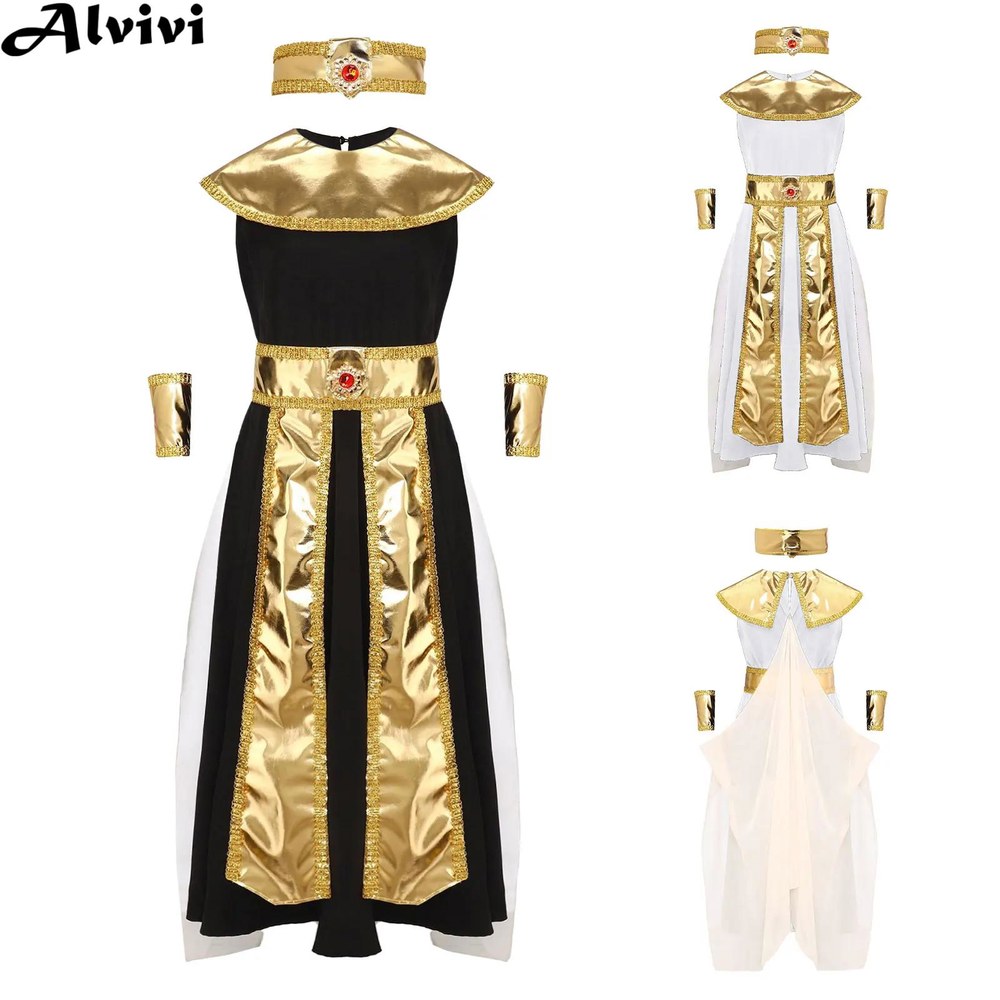 [오늘출발] 어린이 소녀 클레오 파트라 의상 로얄 이집트 여왕 드레스 칼라 팔 슬리브 머리띠 할로윈 코스프레 공연