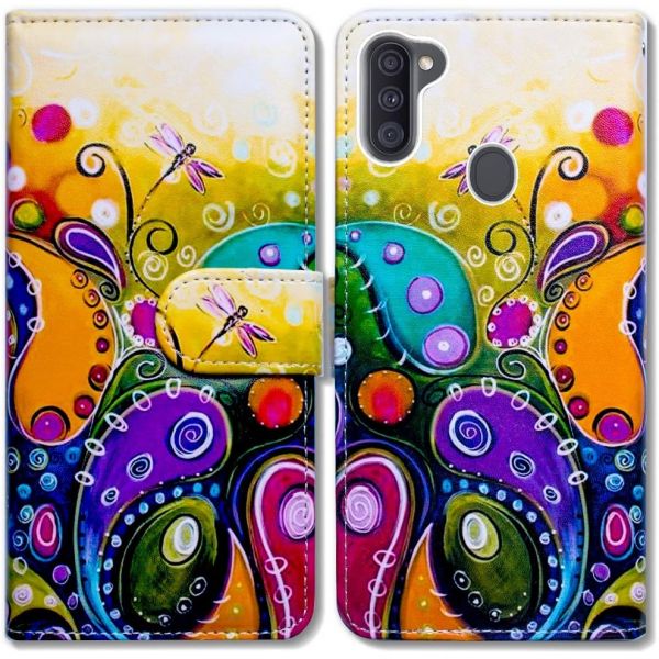 갤럭시 A11미국 버전용 케이스 컬러풀 드래곤플라이 가죽 플립 지갑 커버 카드 슬롯 홀더 스탠드 기능 포함