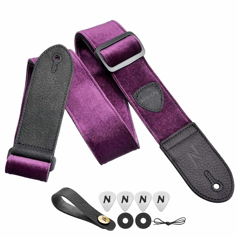 [오늘출발] 네펠리바타 기타 스트랩 더블 그레인 가죽 엔드 빈티지 벨벳 무료 보너스 잠금 버튼 베이스 일렉트릭 어쿠