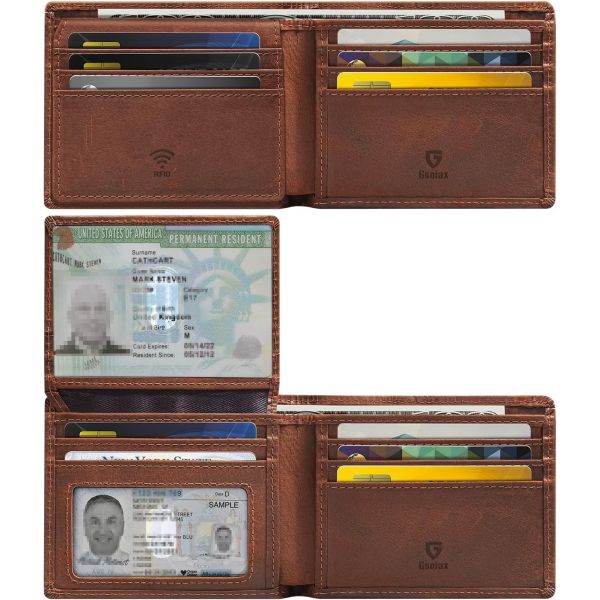 GSOIAX 프리미엄 크레이지 호스 가죽 남성용 지갑수제 빈티지 양쪽 지갑 11개 카드 슬롯 2개 신분증 창 현