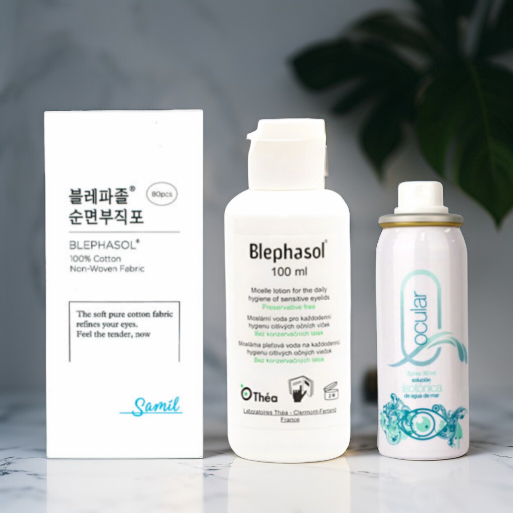 블레파졸 아이리무버 100ml + 순면 부직포 80매 + 르네퀸톤 오큘라 스프레이 30ml 스킨케어 세트