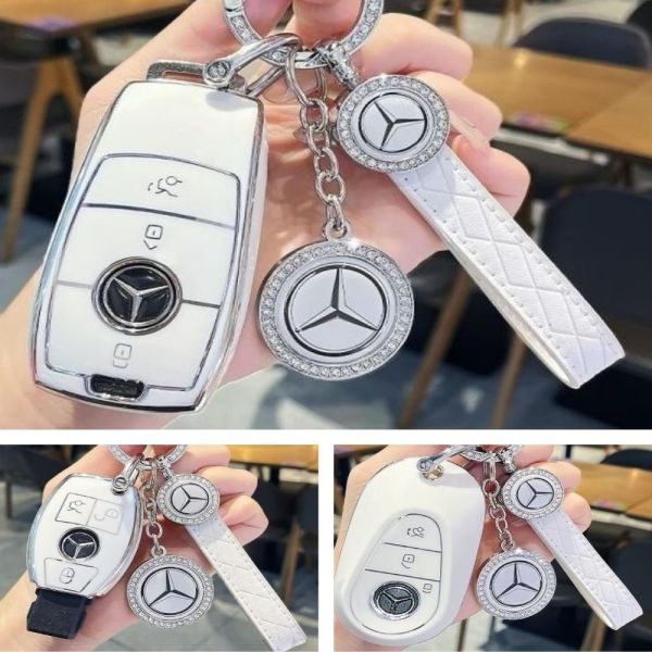 [스마일배송] 벤츠 화이트 키케이스 키홀더 키링 키커버 벤츠 E/S/C/GLC/GLE 신형 전용 럭셔리 화이트 큐빅 케이스