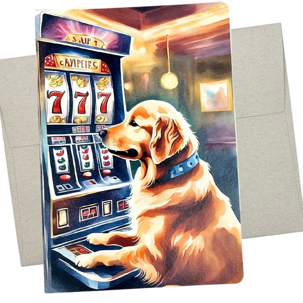 [오늘출발] 휘트먼과 딸 골든 리트리버 슬롯 머신 카드 카지노 생일 카드(프리미엄 카드 1장 5X7인치) 반려견 도박