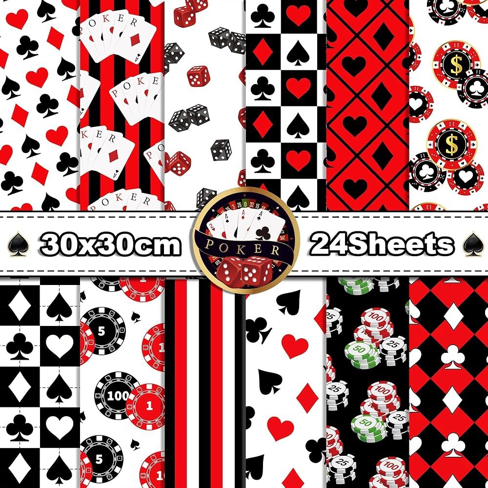 [오늘출발] 24장 카지노 포커 스크랩북 종이 패드 양면 블랙 레드 화이트 카드 패턴 장식용 공예지 만들기 사진 앨범