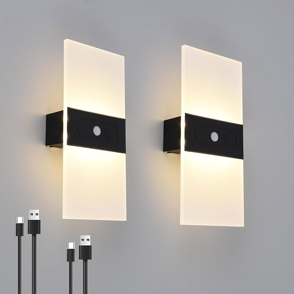 [오늘출발]Clnutrieve LED 벽 2팩 배터리로 작동하는 충전식 무료 설치 벽 램프 적외선 인체 감지 현대식 침실 조명